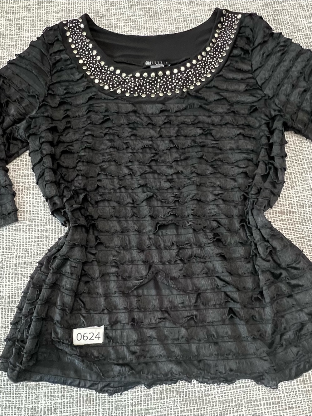 Carole Little Black Ruffle Scoop-Neck Top with Beaded Collar
